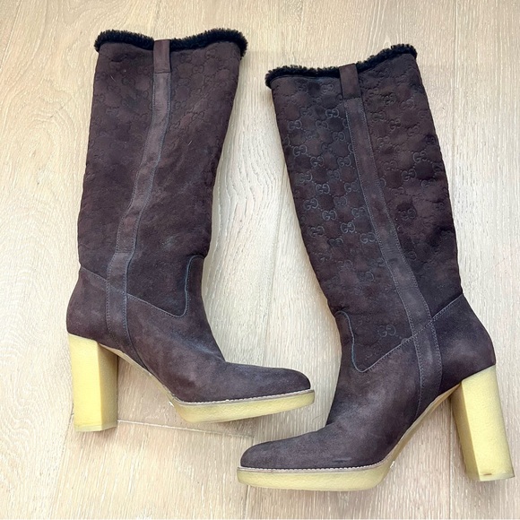 Gucci Suede Guccisima High Brown Heeled Boots with Fur - Picture 1 of 6